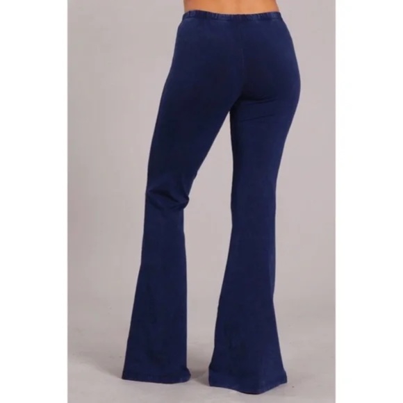 Galaxy Blue Boho Mineral Wash Stretch Flared Bell Bottom Casual Pants - Picture 3 of 6